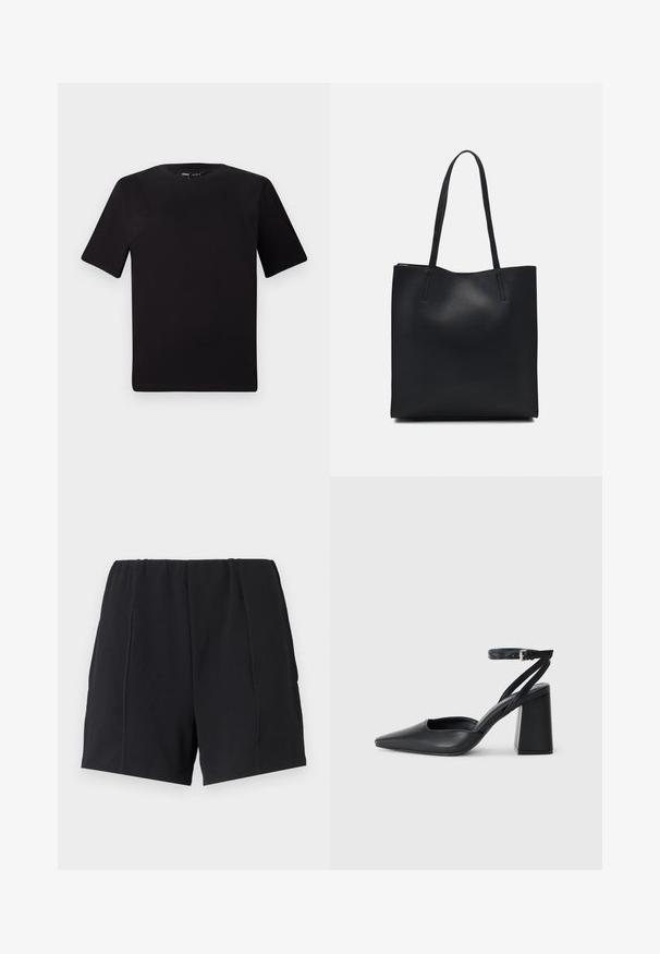 Čierne tričko s krátkym rukávom a okrúhlym výstrihom, vyrobené z mäkkej bavlny. Jednoduchý dizajn, bez viditeľných log alebo vzorov.; Čierne atléty šortky s elastickým pásom, s plochými švami, vo voľnom strihu a hladkej textúre. Bez vreciek alebo ozdôb.; Čierne kožené lodičky s špicatou špičkou a členkovým remienkom, s masívnym podpätkom. Hladký povrch, elegantný dizajn a minimalistická estetika.; Čierna kožená taška na rameno s hladkým povrchom, obdĺžnikovým tvarom a dvoma dlhými uchami. Bez viditeľného kovania alebo ozdôb.
