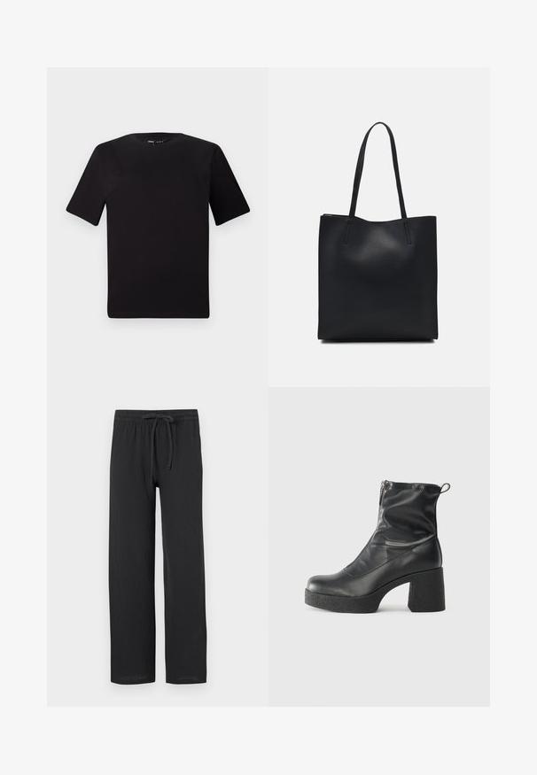 Svart t-skjorte med korte ermer og rund hals, laget av mykt bomullsstoff. Enkelt design, ingen synlige logoer eller mønstre.; Svarte bukser med avslappet passform, laget av teksturert stoff, med elastisk midjebånd og snøring for justerbar størrelse.; Svarte ankelstøvler laget av glatt lær, med glidelås på siden, chunky strukturert hæl, og rund tå-design.; Svart lær tote bag med glatt tekstur, rektangulær form og to lange håndtak. Ingen synlige deler eller dekorasjoner.