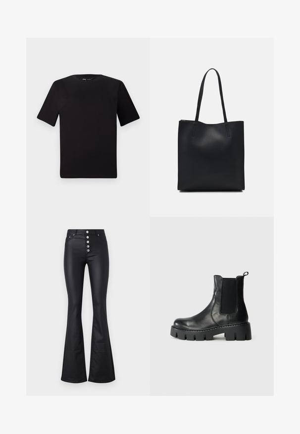 Black short-sleeve t-shirt with a round neckline, crafted from soft cotton fabric. Simple design, no visible logos or patterns.; Black flared pants made of smooth, stretchy material with a high waist and five metallic buttons at the front. Features two side pockets.; Black leather ankle boot with elastic side panels, thick lug sole, and pull tab on light gray background, side view.; Black leather tote bag with smooth texture, rectangular shape, and two long handles. No visible hardware or embellishments.