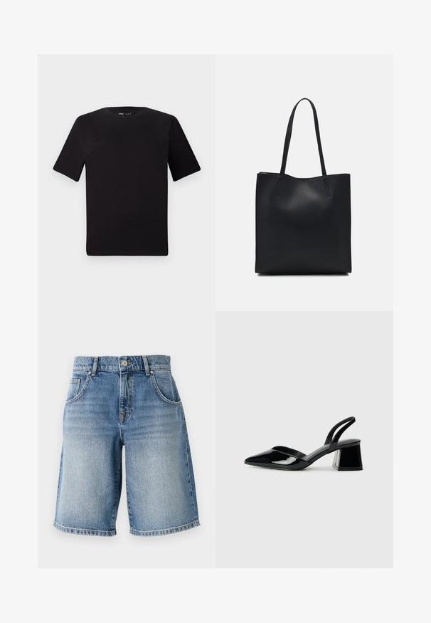 T-shirt preta de mangas curtas com decote redondo, feita de tecido de algodão suave. Design simples, sem logótipos ou padrões visíveis.; Calções de ganga em azul claro com corte reto, cinco bolsos e peças de metal bronze. Apresenta uma bainha desfiada e uma textura de lavagem desbotada.; Sandy em verniz preto com salto slingback, ponta afilada e salto geométrico. Apresenta um design elegante e minimalista com textura suave.; Bolsa tote preta em couro com textura lisa, forma retangular e duas alças longas. Sem hardware ou enfeites visíveis.