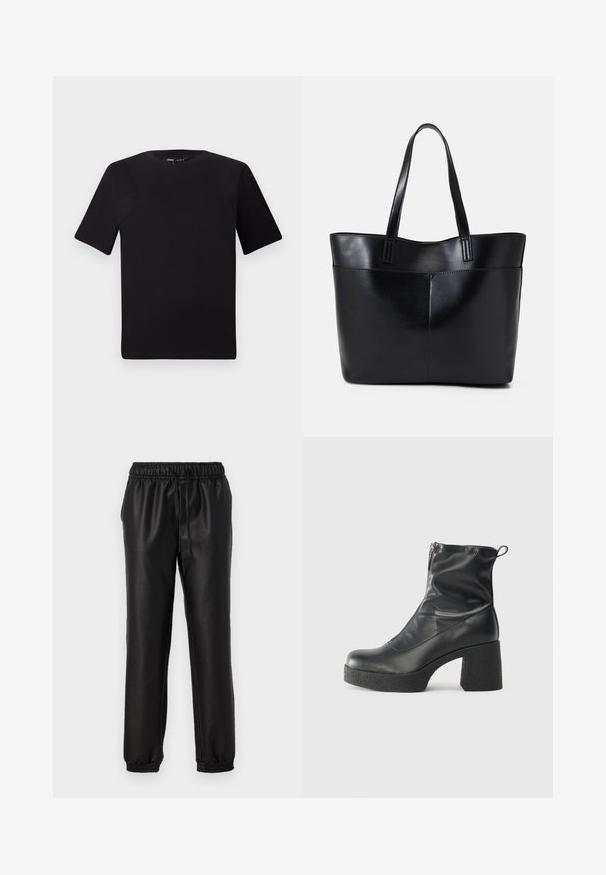 Juodas trumpas rankovės marškinėlis su apvaliu iškirpimu, pagamintas iš minkštos medvilnės medžiagos. Paprastas dizainas, be matomų logotipų ar raštų.; Juodos sintetinės džinsinės kelnės su lygia tekstūra, elastinga juosta ir surinktais rankogaliais. Yra raištelis, leidžiantis reguliuoti dydį.; Juodos kulkšninių botai, pagaminti iš lygaus odos, su šoniniu užtrauktuku, masyviu tekstūruotu kulnu ir apvaliu pirštu.; Juoda odinė rankinė su dviem ilgais diržais, lygiu paviršiumi ir struktūrizuota forma. Yra priekinė kišenė papildomam saugojimui.