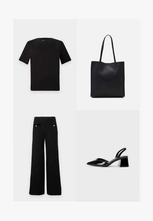 Zwarte T-shirt met korte mouwen en een ronde hals, gemaakt van zachte katoenstof. Eenvoudig ontwerp, geen zichtbare logo's of patronen.; Zwarte wijde broek gemaakt van textuurstof, met twee voorzakken met zwarte fluwelen accenten en gouden knopen.; Zwarte gepatineerde leren slingback hakken met een spitse neus en een geometrische blokhak. Kenmerkt zich door een slank, minimalistisch ontwerp en een gladde textuur.; Zwarte leren handtas met een gladde textuur, rechthoekige vorm en twee lange handvaten. Geen zichtbare hardware of versieringen.