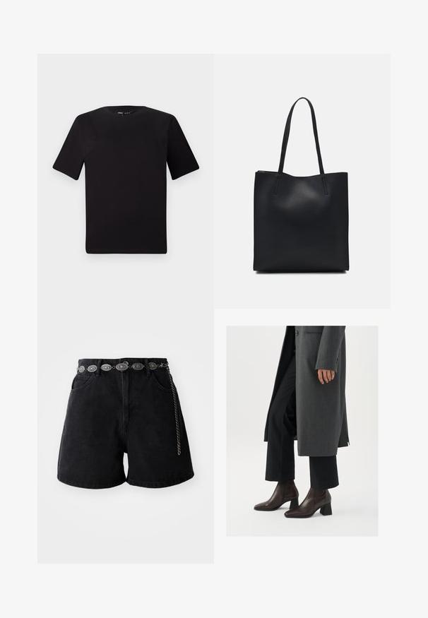 Crna majica kratkih rukava s okruglim izrezom, izrađena od mekane pamučne tkanine. Jednostavan dizajn, bez vidljivih logotipa ili uzoraka.; Crne traperice kratke hlače s visokim strukom, prednjim džepovima i dekorativnim srebrnim lančićem s ovalnim detaljima. Glatka tekstura.; Cipele s visokom petom do gležnjeva od tamnosmeđe kože s oštrim vrhom i blok petom, uparene s crnim hlačama i sivim kaputom.; Crna kožna torba za nošenje s glatkom teksturom, pravokutnim oblikom i dvije duge ručke. Nema vidljivih metalnih dijelova ili ukrasa.
