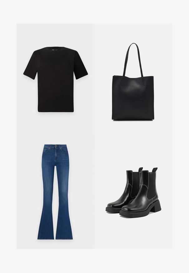 Juodas trumpas rankovės marškinėlis su apvaliu iškirpimu, pagamintas iš minkštos medvilnės medžiagos. Paprastas dizainas, be matomų logotipų ar raštų.; Tamsiai mėlyni flared džinsai, aukštu liemeniu, prigludusi viršutinė dalis ir plačios platėjančios kelnių apačios, su subtiliais prabudimais ir klasikiniais siūlėmis.; Juodos odinės Chelsea botai su storiu kulnu, elastinėmis šoninėmis panelėmis ir kontrastinga balta siūle. Tekstūruota apdaila.; Juodas odinis tote krepšys su lygia tekstūra, stačiakampio formos ir dviem ilgais rankenomis. Matomų metalinių detalių ar puošybos nėra.