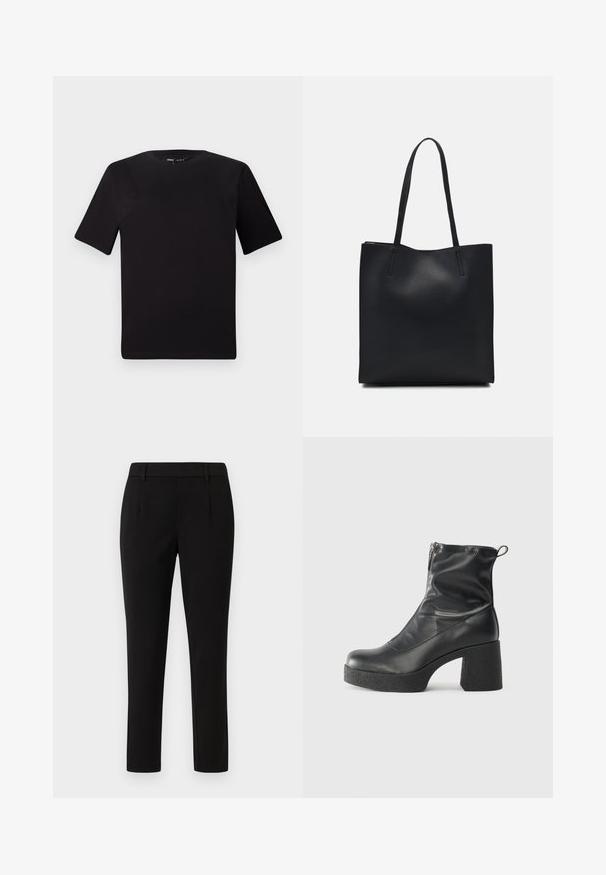 Sort kortærmet t-shirt med rund halsudskæring, lavet af blødt bomuldsstof. Enkel design, ingen synlige logoer eller mønstre.; Sorte skræddersyede bukser med lige ben, lavet af glat stof. Har flad front, bælteløkker og ingen lommer.; Sorte ankelstøvler lavet af glat læder, med en sidelukning, kraftig struktureret hæl og rundt tådesign.; Sort læder tote taske med glat tekstur, rektangulær form og to lange hanke. Ingen synlig hardware eller udsmykninger.