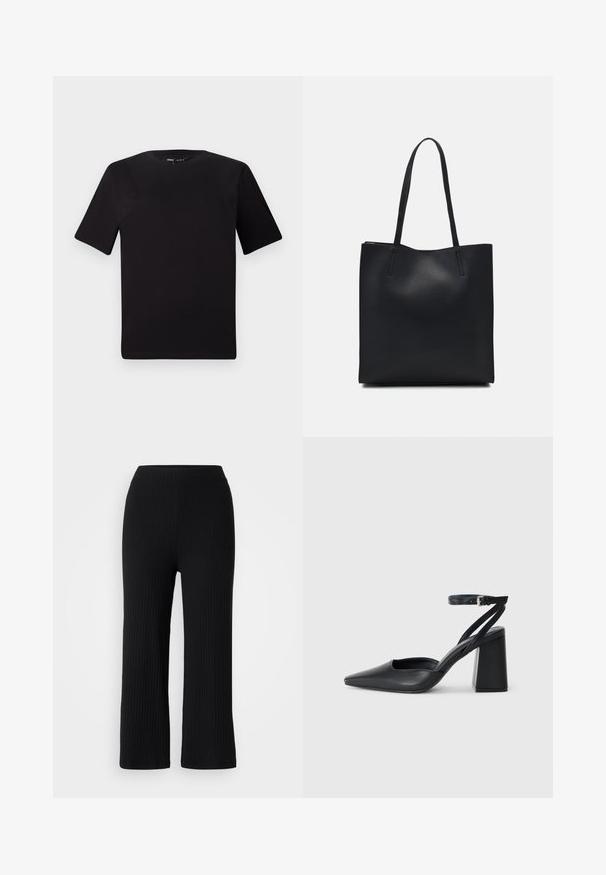 Čierne tričko s krátkym rukávom a okrúhlym výstrihom, vyrobené z mäkkej bavlny. Jednoduchý dizajn, bez viditeľných log alebo vzorov.; Čierne rebrované nohavice s voľným strihom a elastickým pásom, s textúrovanou tkaninou a priamym strihom, vhodné na neformálne nosenie.; Čierne kožené lodičky s špicatou špičkou a členkovým remienkom, s masívnym podpätkom. Hladký povrch, elegantný dizajn a minimalistická estetika.; Čierna kožená taška na rameno s hladkým povrchom, obdĺžnikovým tvarom a dvoma dlhými uchami. Bez viditeľného kovania alebo ozdôb.