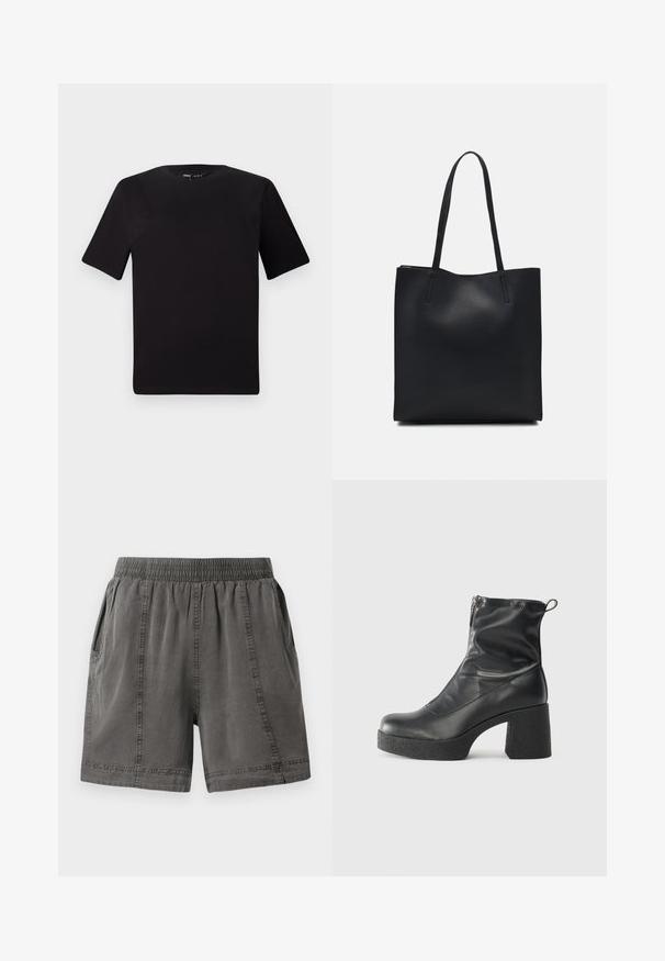 T-shirt noir à manches courtes avec un col rond, fabriqué en coton doux. Design simple, sans logos ni motifs visibles.; Shorts gris en mélange de coton avec une taille élastique, des poches latérales et des détails cousus le long des coutures. Texture douce et coupe décontractée.; Bottes noires à la cheville en cuir lisse, dotées d'une fermeture éclair sur le côté, d'un talon épais texturé et d'une conception à bout rond.; Sac fourre-tout en cuir noir avec une texture lisse, de forme rectangulaire et deux longues poignées. Pas de matériel ou d'ornementations visibles.