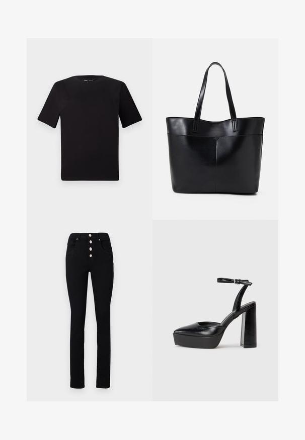 Melnas īsām piedurknēm T-krekls ar apaļu kakla izgriezumu, izgatavots no mīksta kokvilnas auduma. Vienkāršs dizains, bez redzamām logo vai rakstiem.; Melni augstās jostasvietas džinsi ar šauru piegriezumu, kuru priekšpusē ir pieci sudraba snap pogas un kabatas. Gluda džinsu tekstūra bez rakstiem.; Melnas platformas papēžs ar norādītu purngala formu un regulējamu potītes siksniņu. Izgatavotas no gludas ādas, ar masīvu bloku papēdi.; Melnas ādas iepirkumu soma ar divām garām rokturām, gludu tekstūru un strukturētu formu. Iekļauj priekšējo kabatu papildu uzglabāšanai.