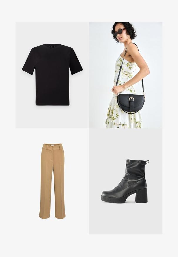 Schwarzes T-Shirt mit kurzen Ärmeln und Rundhalsausschnitt, aus weichem Baumwollmaterial gefertigt. Schlichtes Design, keine sichtbaren Logos oder Muster.; Beige weite Hosen mit glatter Textur, ausgestattet mit einem Doppelknopfverschluss und seitlichen Taschen. Flacher Vorderbereich mit Bügelfaltung.; Schwarze Stiefeletten aus glattem Leder mit seitlichem Reißverschluss, klobigem strukturiertem Absatz und runder Zehenform.; Schwarze Lederhandtasche mit geschwungener Form, abnehmbarem Tragegurt und goldenen Beschlägen. Die Tasche verfügt über einen Deckel mit einer Schnallen-Details.