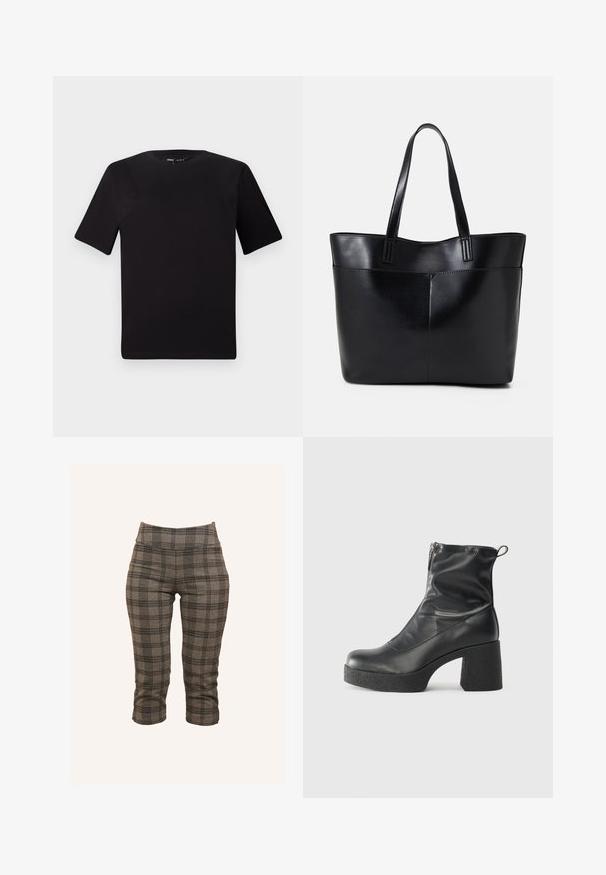 Musta lyhythihainen t-paita pyöreällä kaula-aukolla, valmistettu pehmeästä puuvillakankaasta. Yksinkertainen malli, ei näkyviä logoja tai kuvioita.; Harmaat ruudulliset lyhyet housut, joissa on joustava vyötärö, muotoiltu leikkaus ja teksturoitu kangas mustilla ja vaaleammilla harmailla sävyillä.; Mustat nilkkurit, jotka on valmistettu sileästä nahasta. Niissä on sivuvetoketju, paksu teksturoitu korko ja pyöristetty kärki.; Musta nahkainen kassi, jossa on kaksi pitkää kahvaa, sileä pinta ja jämäkkä muoto. Sisältää etutaskun lisävarastointia varten.