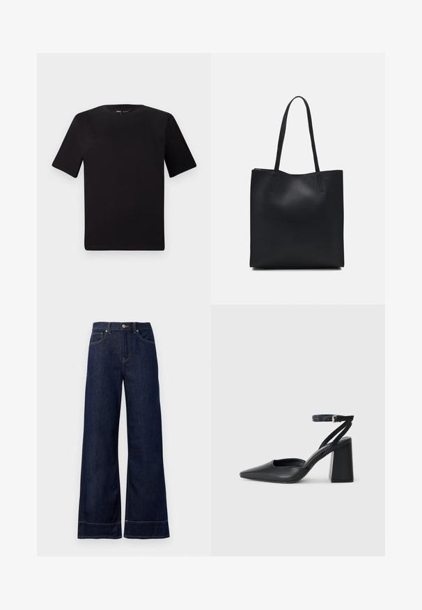 T-shirt noir à manches courtes avec un col rond, fabriqué en coton doux. Design simple, sans logos ni motifs visibles.; Jean large bleu foncé en denim. Caractéristiques : fermeture par bouton, détails de couture et poches latérales. Ourlet évasé en bas.; Escarpin noir en cuir à bout pointu avec une bride de cheville et un talon épais. Texture lisse, design élégant et esthétique minimaliste.; Sac fourre-tout en cuir noir avec une texture lisse, de forme rectangulaire et deux longues poignées. Pas de matériel ou d'ornementations visibles.