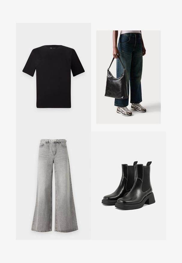 Juodas trumpas rankovės marškinėlis su apvaliu iškirpimu, pagamintas iš minkštos medvilnės medžiagos. Paprastas dizainas, be matomų logotipų ar raštų.; Plačios pilkos džinsinės kelnės su aukštu liemeniu, turinčios klasikinį penkių kišenių dizainą ir diržo kilpas liestyje. Tekstūruotas audinys.; Juodos odinės Chelsea botai su storiu kulnu, elastinėmis šoninėmis panelėmis ir kontrastinga balta siūle. Tekstūruota apdaila.; Juodas odinis peties krepšys su lygiu paviršiumi ir reguliuojama dirželiu, derinamas su nublukusiais plačiapurčiais džinsais ir sportiniais batais.