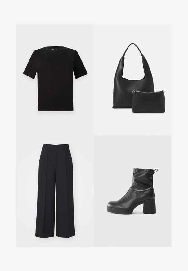 Černé tričko s krátkým rukávem a kulatým výstřihem, vyrobené z měkké bavlněné látky. Jednoduchý design, žádné viditelné logo nebo vzory.; Široké černé kalhoty vyrobené z hladkého materiálu, s vysokým pasem, ostrými předními záhyby a bez viditelné kovové výbavy nebo vzorů.; Černé kotníkové boty vyrobené z hladké kůže, s bočním zipem, robustním strukturovaným podpatkem a kulatou špičkou.; Even&Odd Kabelka - black