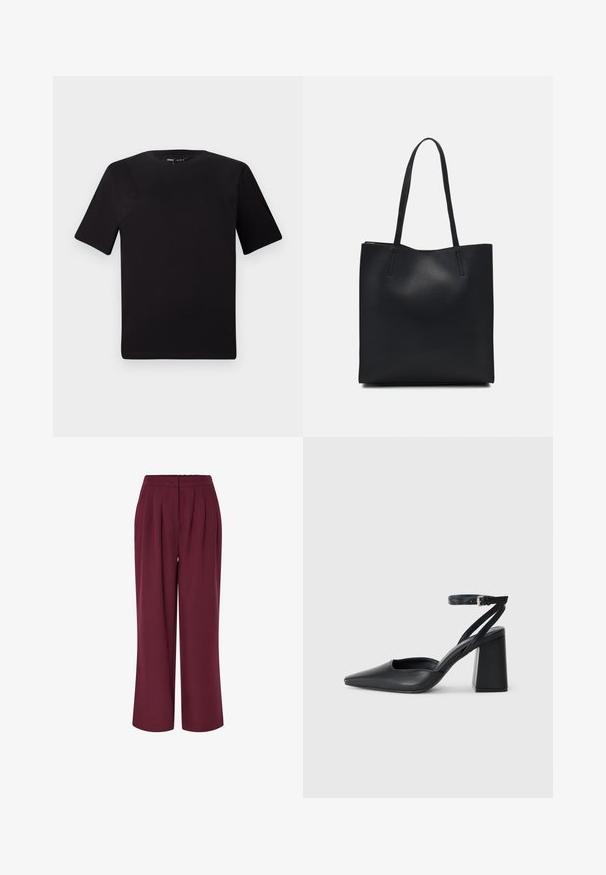 Črna majica s kratkimi rokavi in okroglim izrezom, izdelana iz mehkega bombažnega materiala. Preprost dizajn, brez vidnih logotipov ali vzorcev.; Hlače širokih nogavic iz bordo tkanine, z sprednjimi gubami in elastičnim pasom. Gladka tekstura, dolžina do tal.; Črne usnjene klasične čevlje z ostrim nosom, z zaponko za gleženj in debelim peto. Ravna tekstura, eleganten dizajn in minimalistična estetika.; Črna usnjena torba s svilnato teksturo, pravokotne oblike in dvema dolgima ročajema. Brez vidnih metalnih delov ali okrasnih elementov.