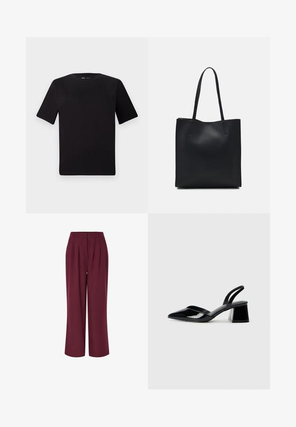 Crna majica kratkih rukava s okruglim izrezom, izrađena od mekane pamučne tkanine. Jednostavan dizajn, bez vidljivih logotipa ili uzoraka.; Široke hlače od burgundske tkanine, s prednjim nabora i elastičnim pojasom. Glatka tekstura, punog dužine.; Crne lakirane kožne sandale s otvorenom petom i špicastim vrhom, s geometrijskom blok petom. Imaju elegantan, minimalistički dizajn i glatku teksturu.; Crna kožna torba za nošenje s glatkom teksturom, pravokutnim oblikom i dvije duge ručke. Nema vidljivih metalnih dijelova ili ukrasa.