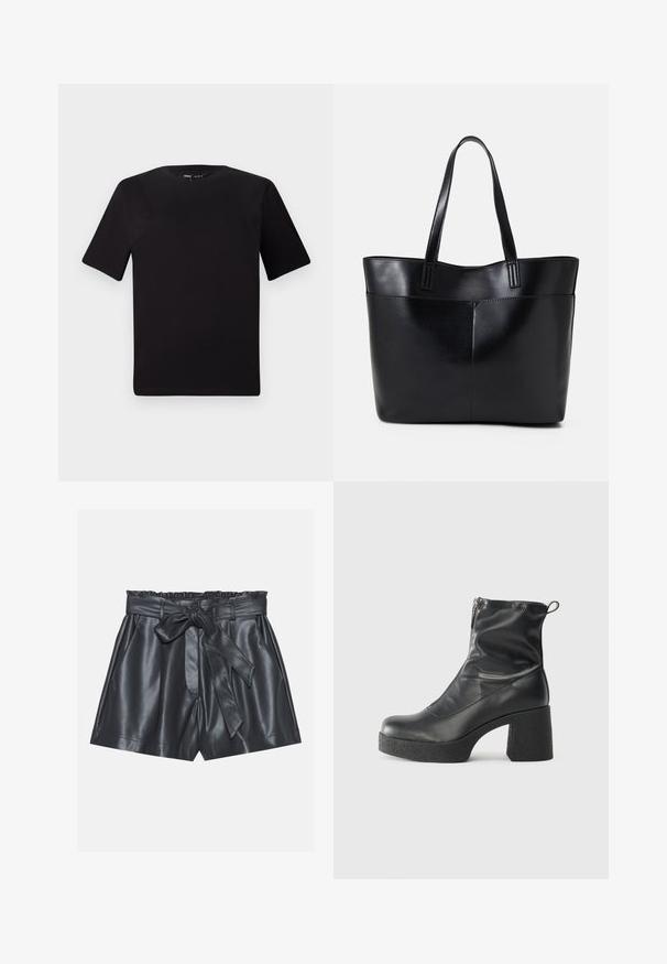 Melnas īsām piedurknēm T-krekls ar apaļu kakla izgriezumu, izgatavots no mīksta kokvilnas auduma. Vienkāršs dizains, bez redzamām logo vai rakstiem.; Melnas ādas šorti ar augstu jostasvietu, elastīgu joslu, noņemamu jostu un gludu tekstūru. Iespējas ar plakanu priekšpusi un sānu kabatām.; Melni potītes zābaki, kas izgatavoti no gludas ādas, ar sānu rāvējslēdzēju, masīvu strukturētu papēdi un noapaļotu purngalu.; Melnas ādas iepirkumu soma ar divām garām rokturām, gludu tekstūru un strukturētu formu. Iekļauj priekšējo kabatu papildu uzglabāšanai.