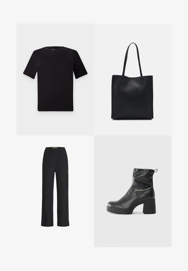 Musta lyhythihainen t-paita pyöreällä kaula-aukolla, valmistettu pehmeästä puuvillakankaasta. Yksinkertainen malli, ei näkyviä logoja tai kuvioita.; Mustat leveälahkeiset housut, joissa on joustava vyötärö, valmistettu pehmeästä kankaasta, joka on sileä ja löysä lahkeiden osalta.; Mustat nilkkurit, jotka on valmistettu sileästä nahasta. Niissä on sivuvetoketju, paksu teksturoitu korko ja pyöristetty kärki.; Mustapahkainen kangaskassi, jossa on sileä pinta, suorakaiteen muotoinen ja kaksi pitkää kahvaa. Ei näkyvää metalliosaa tai koristeita.