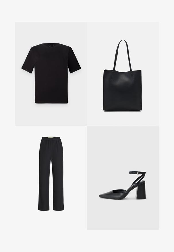 Zwarte T-shirt met korte mouwen en een ronde hals, gemaakt van zachte katoenstof. Eenvoudig ontwerp, geen zichtbare logo's of patronen.; Zwarte wijdlopende broek met een elastische tailleband, gemaakt van een zacht materiaal, met een gladde textuur en een losse pasvorm over de benen.; Zwarte leren puntige pump met een enkelbandje en een chunky hak. Vlakke textuur, strakke vormgeving en minimalistische esthetiek.; Zwarte leren handtas met een gladde textuur, rechthoekige vorm en twee lange handvaten. Geen zichtbare hardware of versieringen.