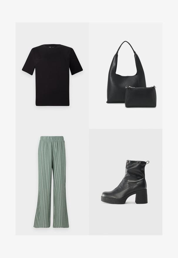 Must olema lühikeste varrukatega must t-särk ümmarguse kaelusega, valmistatud pehmest puuvillast kangast. Lihtne disain, ilma nähtavate logode või mustriteta.; Heleda rohelised soonilised riided, millel on valged vertikaalsed triibud. Omab elastset vöökohta ja laia säärte disaini.; Mustad mustad ansapüksid, mis on valmistatud siledast nahast, külje zipperiga, paksu tekstuuriga kontsaga ja ümmarguse nina disainiga.; Even&Odd Käekott - black