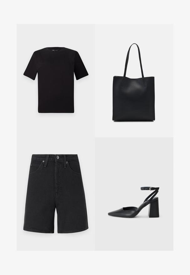 Melnas īsām piedurknēm T-krekls ar apaļu kakla izgriezumu, izgatavots no mīksta kokvilnas auduma. Vienkāršs dizains, bez redzamām logo vai rakstiem.; Melnas džinsu šortas ar taisnu griezumu, piecām kabatām, metāla pogas aizdari un smalkiem šuvju detalizējumiem. Gluda auduma struktūra, vidēja augstuma.; Melna ādas augstpapēžu kurpe ar norakstīto purngala formu, potītes siksniņu un masīlu papēdi. Gluda tekstūra, elegants dizains un minimālisma estētika.; Melnas ādas somiņa ar gludu tekstūru, taisnstūra formu un divām garām rokturiem. Nav redzamu aparatūras vai rotājumu.