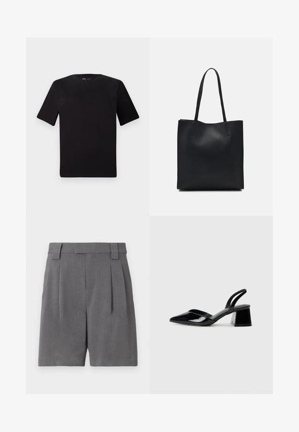 Tricou scurt negru cu mânecă scurtă și guler rotund, realizat dintr-un material de bumbac moale. Design simplu, fără logo-uri sau modele vizibile.; Pantaloni scurți gri, croiți dintr-un material texturat de finețe. Prezintă pliuri frontale, bucle pentru curea și buzunare laterale pentru un aspect structurat.; Pantofi cu toc slingback din piele lacuită neagră, cu vârf ascuțit și toc geometric. Prezintă un design elegant, minimalist și o textură netedă.; Geantă tote neagră din piele, cu textură netedă, formă rectangulară și două mânere lungi. Fără hardware vizibil sau ornamente.