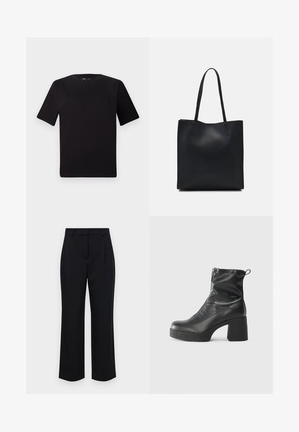 Čierne tričko s krátkym rukávom a okrúhlym výstrihom, vyrobené z mäkkej bavlny. Jednoduchý dizajn, bez viditeľných log alebo vzorov.; Čierne tailored nohavice so rovnom strihom, s pásom, prešitým predným dielom a bočnými vreckami. Vyrobené z hladkej tkaniny.; Čierne členkové topánky z hladkej kože, so bočným zipsom, robustnou textúrovanou pätnou časťou a zaobleným dizajnom špičky.; Čierna kožená taška na rameno s hladkým povrchom, obdĺžnikovým tvarom a dvoma dlhými uchami. Bez viditeľného kovania alebo ozdôb.