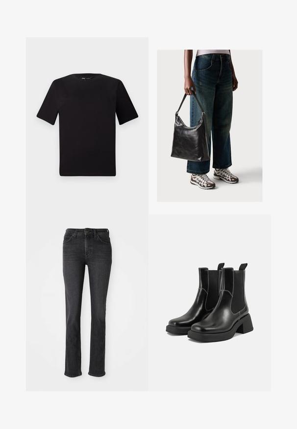 T-shirt preta de mangas curtas com decote redondo, feita de tecido de algodão suave. Design simples, sem logótipos ou padrões visíveis.; Jeans pretos de perna reta com bolsos dianteiros e traseiros, passadores de cinto, e fecho com botão e zip.; Botas Chelsea em couro preto com um salto grosso, painéis laterais elásticos e costura branca em contraste. Acabamento texturizado.; Bolsa de ombro em couro preto com textura suave e alça ajustável, combinada com jeans de perna larga desbotados e ténis desportivos.