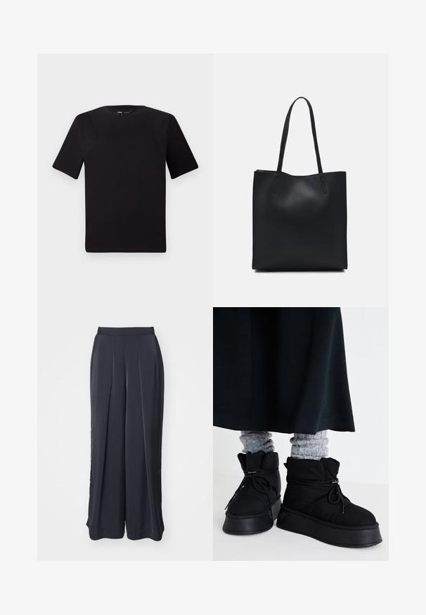 Čierne tričko s krátkym rukávom a okrúhlym výstrihom, vyrobené z mäkkej bavlny. Jednoduchý dizajn, bez viditeľných log alebo vzorov.; Čierne široké nohavice s záhybmi na prednej strane, vyrobené z hladkej tkaniny. Majú elastický pás a čistý lem.; Čierne nadýchané členkové topánky s plochými podrážkami, šnúrkami a výrazným šitím. V kombinácii so šedými rebrovanými ponožkami, ktoré vyčnievajú, nosené s tmavou sukňou.; Čierna kožená taška na rameno s hladkým povrchom, obdĺžnikovým tvarom a dvoma dlhými uchami. Bez viditeľného kovania alebo ozdôb.