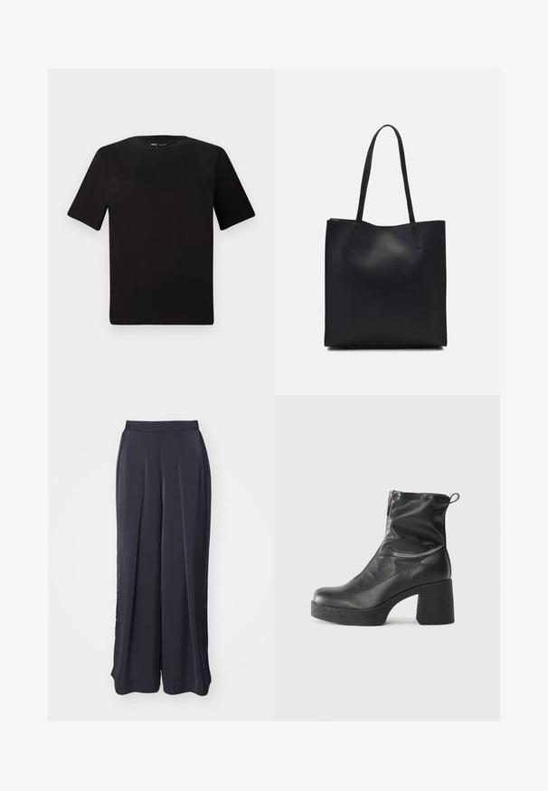 Musta lyhythihainen t-paita pyöreällä kaula-aukolla, valmistettu pehmeästä puuvillakankaasta. Yksinkertainen malli, ei näkyviä logoja tai kuvioita.; Mustat leveälahkeiset housut, joissa on pleatit edessä, valmistettu sileästä kankaasta. Varustettu joustavalla vyötäröllä ja siistillä helman viimeistelyllä.; Mustat nilkkurit, jotka on valmistettu sileästä nahasta. Niissä on sivuvetoketju, paksu teksturoitu korko ja pyöristetty kärki.; Mustapahkainen kangaskassi, jossa on sileä pinta, suorakaiteen muotoinen ja kaksi pitkää kahvaa. Ei näkyvää metalliosaa tai koristeita.