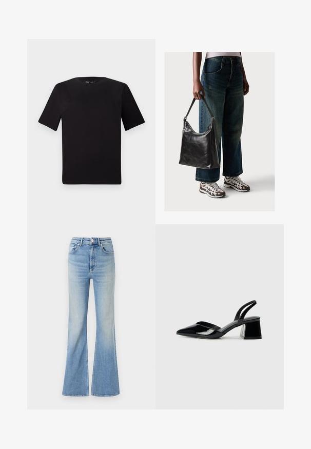 Svart t-skjorte med korte ermer og rund hals, laget av mykt bomullsstoff. Enkelt design, ingen synlige logoer eller mønstre.; Lyseblå flared jeans laget av denim, med høy midje, fem lommer og subtil gradient fading mot kanten.; Svarte patentlær slingback hæler med spiss tå og geometrisk blokk hæl. Har et stilrent, minimalistisk design og jevn tekstur.; Sort skinnveske med en glatt tekstur og justerbar stropp, kombinert med falmede vide jeans og atletiske sneakers.