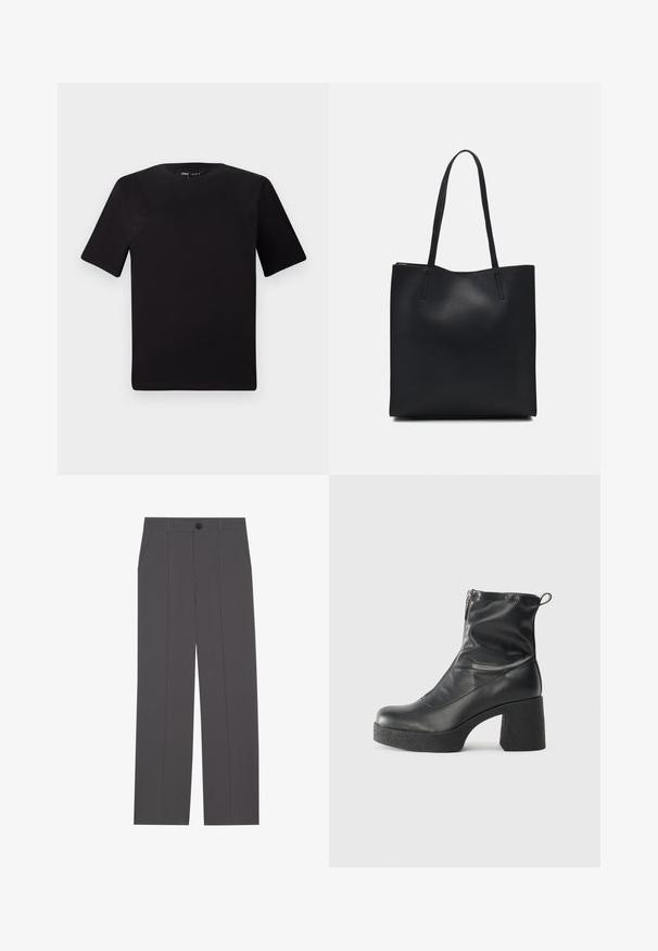 Camiseta negra de manga corta con cuello redondo, fabricada en suave algodón. Diseño simple, sin logos ni patrones visibles.; Pantalones grises con un diseño de pierna recta, que cuentan con dos bolsillos laterales y un cierre de botón. Tejido suave sin patrones o acentos visibles.; Botines negros de tobillo, hechos de cuero suave, con cierre lateral, tacón grueso texturizado y diseño de punta redondeada.; Bolso tote de cuero negro con textura lisa, forma rectangular y dos asas largas. Sin herrajes ni adornos visibles.