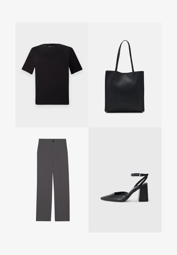 T-shirt noir à manches courtes avec un col rond, fabriqué en coton doux. Design simple, sans logos ni motifs visibles.; Pantalons gris avec une coupe droite, comprenant deux poches latérales et une fermeture à bouton. Tissu lisse sans motifs ni accents visibles.; Escarpin noir en cuir à bout pointu avec une bride de cheville et un talon épais. Texture lisse, design élégant et esthétique minimaliste.; Sac fourre-tout en cuir noir avec une texture lisse, de forme rectangulaire et deux longues poignées. Pas de matériel ou d'ornementations visibles.