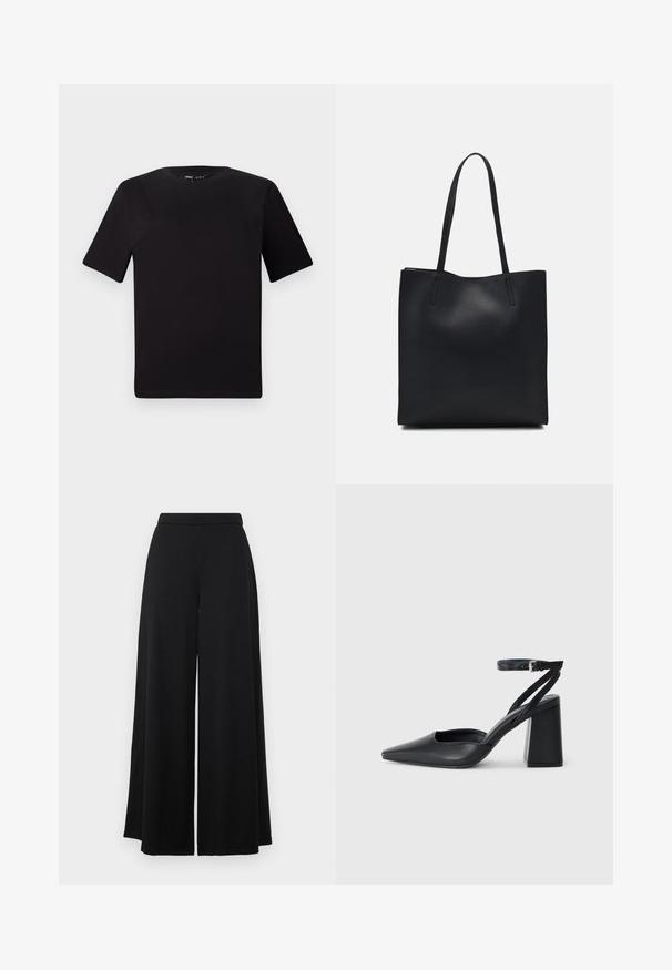Μαύρο κοντομάνικο μπλουζάκι με στρογγυλή λαιμόκοψη, κατασκευασμένο από απαλό βαμβακερό ύφασμα. Απλός σχεδιασμός, χωρίς ορατά λογότυπα ή μοτίβα.; Μαύρο παντελόνι με φαρδύ πόδι και επίπεδη μέση. Φτιαγμένο από ένα λείο, ελαφρύ ύφασμα, με ροή στη σιλουέτα. Χωρίς τσέπες ή διακοσμητικά στοιχεία.; Μαύρο δερμάτινο ψηλοτάκουνο παπούτσι με οξύ μυτερό τόξο, λουράκι στον αστράγαλο και χοντρό τακούνι. Λείος υφασματισμός, κομψός σχεδιασμός και μινιμαλιστική αισθητική.; Μαύρη δερμάτινη τσάντα tote με λείο υφή, ορθογώνιο σχήμα και δύο μακριές λαβές. Χωρίς ορατό υλικό ή διακοσμητικά στοιχεία.