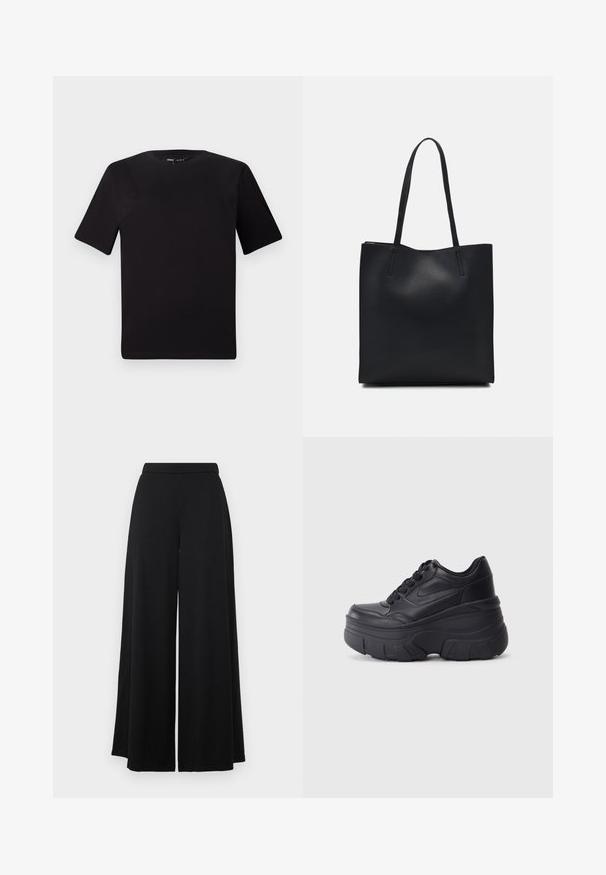 Melnas īsām piedurknēm T-krekls ar apaļu kakla izgriezumu, izgatavots no mīksta kokvilnas auduma. Vienkāršs dizains, bez redzamām logo vai rakstiem.; Melnas platās bikses ar plakanu jostu. Izgatavotas no gludas, vieglas auduma, ar plūstošu siluetu. Bez kabatām vai rotājumiem.; Melni šņorējami sporta apavi ar biezu zoli, ar gludu ādas augšdaļu, noapaļotu purngalu un izteiktu slāņveida platformas dizainu.; Melnas ādas somiņa ar gludu tekstūru, taisnstūra formu un divām garām rokturiem. Nav redzamu aparatūras vai rotājumu.