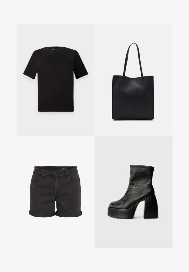 Fekete, rövid ujjú póló, kerek nyakkal, puha pamutból készült. Egyszerű dizájn, nincs látható logó vagy minta.; Fekete farmer sort, felhajtott szegéllyel, öt zsebes dizájnnal és gombos záródással a deréknál. Sima tapintású, laza szabású.; Fekete bőr bokacsizma lekerekített orral, sima felülettel és feltűnő tömbsarokkal. Oldalsó cipzárral rendelkezik. Minimalista dizájn.; Fekete bőrtáska sima felszínnel, téglalap alakú, két hosszú füllel. Nincs látható fémkiegészítő vagy díszítés.