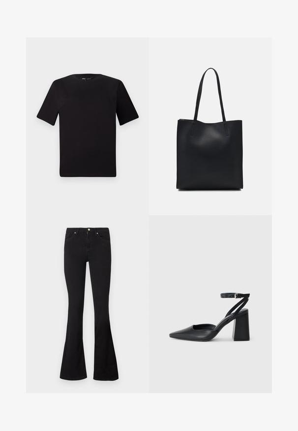Černé tričko s krátkým rukávem a kulatým výstřihem, vyrobené z měkké bavlněné látky. Jednoduchý design, žádné viditelné logo nebo vzory.; Černé džínové kalhoty s vysokým pasem a rozšířenými nohavicemi, s předním zapínáním na knoflík a zip, a stylem s pěti kapsami na bílém pozadí.; Černé kožené lodičky se špičatou špičkou, kotníkovým páskem a silným podpatkem. Hladká textura, elegantní design a minimalistická estetika.; Černá kožená taška přes rameno s hladkým povrchem, obdélníkovým tvarem a dvěma dlouhými uchy. Žádné viditelné kování ani ozdoby.
