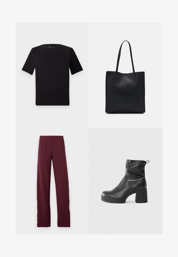 Melnas īsām piedurknēm T-krekls ar apaļu kakla izgriezumu, izgatavots no mīksta kokvilnas auduma. Vienkāršs dizains, bez redzamām logo vai rakstiem.; Bordo sporta bikses ar elastīgu jostasvietu, ar kontrastējošu olīvu zaļu sānu svītru, taisnas kājas dizainu un gludu tekstūru.; Melni potītes zābaki, kas izgatavoti no gludas ādas, ar sānu rāvējslēdzēju, masīvu strukturētu papēdi un noapaļotu purngalu.; Melnas ādas somiņa ar gludu tekstūru, taisnstūra formu un divām garām rokturiem. Nav redzamu aparatūras vai rotājumu.