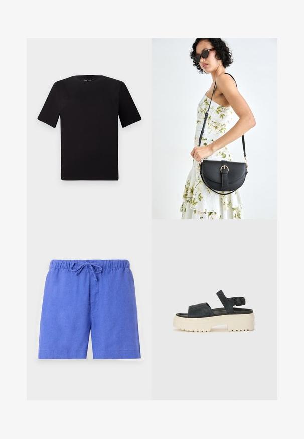 Crna majica kratkih rukava s okruglim izrezom, izrađena od mekane pamučne tkanine. Jednostavan dizajn, bez vidljivih logotipa ili uzoraka.; Plave kratke hlače od laganog materijala, s elastičnom gumicom u struku i vezicom, te jednim prednjim džepom.; Crne ante sandale na platformu s debelim bijelim potplatom, širokim prednjim remenom i podesivom kopčom za gležanj. Teksturirani potplat za bolju prionjivost.; Crna kožna torba s lukovitim oblikom, odvojivim remenom i zlatnim detaljima. Torba ima preklop s kopčom.