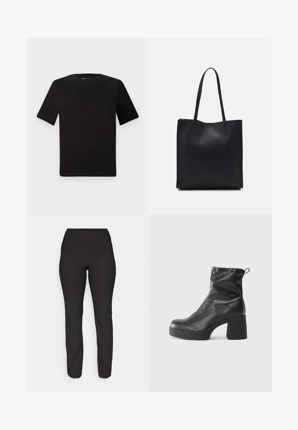 Must olema lühikeste varrukatega must t-särk ümmarguse kaelusega, valmistatud pehmest puuvillast kangast. Lihtne disain, ilma nähtavate logode või mustriteta.; Mustad must-adaptivsed püksid, mis on valmistatud venivast materjalist. Neil on kõrge vöökoht ja sirge jala disain, sile tekstuur ja nähtamatud mustrid.; Mustad mustad ansapüksid, mis on valmistatud siledast nahast, külje zipperiga, paksu tekstuuriga kontsaga ja ümmarguse nina disainiga.; Mustast nahast kott sujuva tekstuuriga, ristkülikukujuline ja kahe pika sangaga. Pole nähtavat riistvara ega kaunistusi.