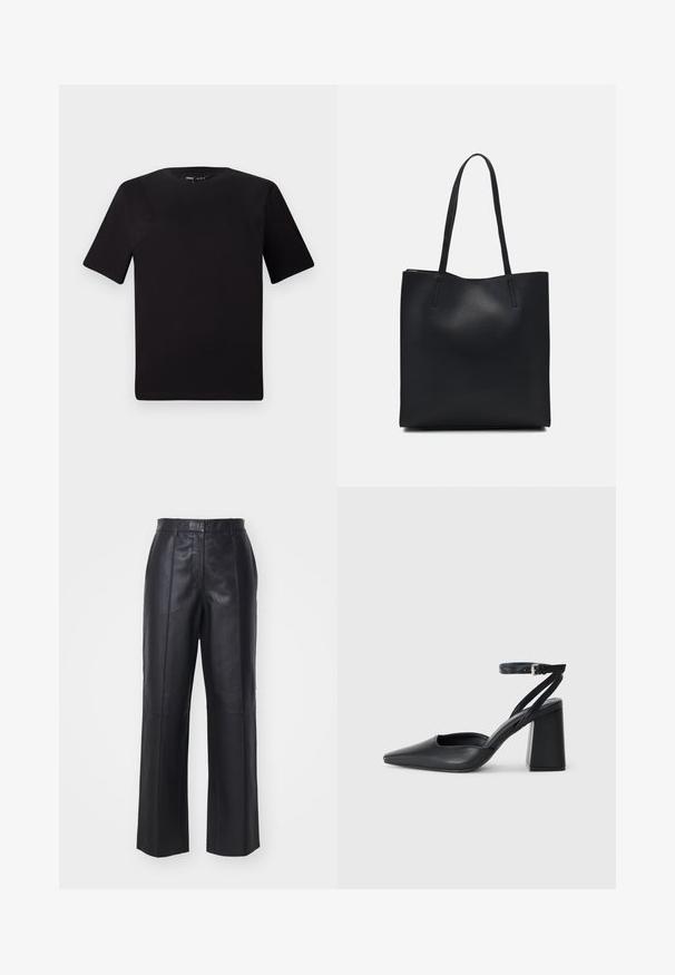 Črna majica s kratkimi rokavi in okroglim izrezom, izdelana iz mehkega bombažnega materiala. Preprost dizajn, brez vidnih logotipov ali vzorcev.; Črne usnjene hlače z visokim pasom, širokim krojem in navpičnimi šivi. Gladka tekstura z sijajem.; Črne usnjene klasične čevlje z ostrim nosom, z zaponko za gleženj in debelim peto. Ravna tekstura, eleganten dizajn in minimalistična estetika.; Črna usnjena torba s svilnato teksturo, pravokotne oblike in dvema dolgima ročajema. Brez vidnih metalnih delov ali okrasnih elementov.
