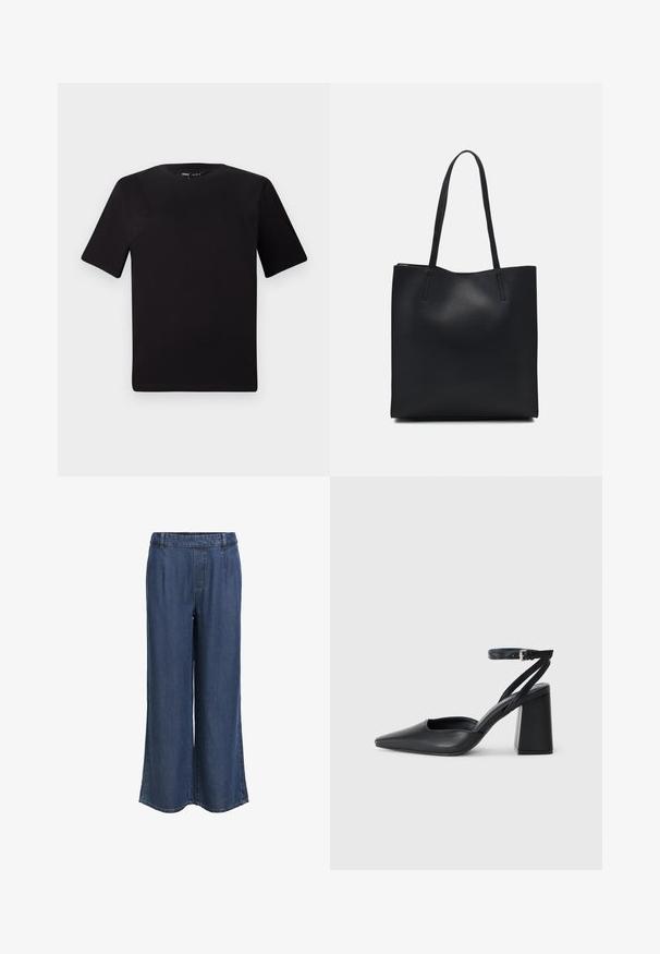Zwarte T-shirt met korte mouwen en een ronde hals, gemaakt van zachte katoenstof. Eenvoudig ontwerp, geen zichtbare logo's of patronen.; Rechtemodel donkere blauwe denim broek met een elastische tailleband en riemlussen, zonder zichtbare zakken, weergegeven tegen een witte achtergrond.; Zwarte leren puntige pump met een enkelbandje en een chunky hak. Vlakke textuur, strakke vormgeving en minimalistische esthetiek.; Zwarte leren handtas met een gladde textuur, rechthoekige vorm en twee lange handvaten. Geen zichtbare hardware of versieringen.