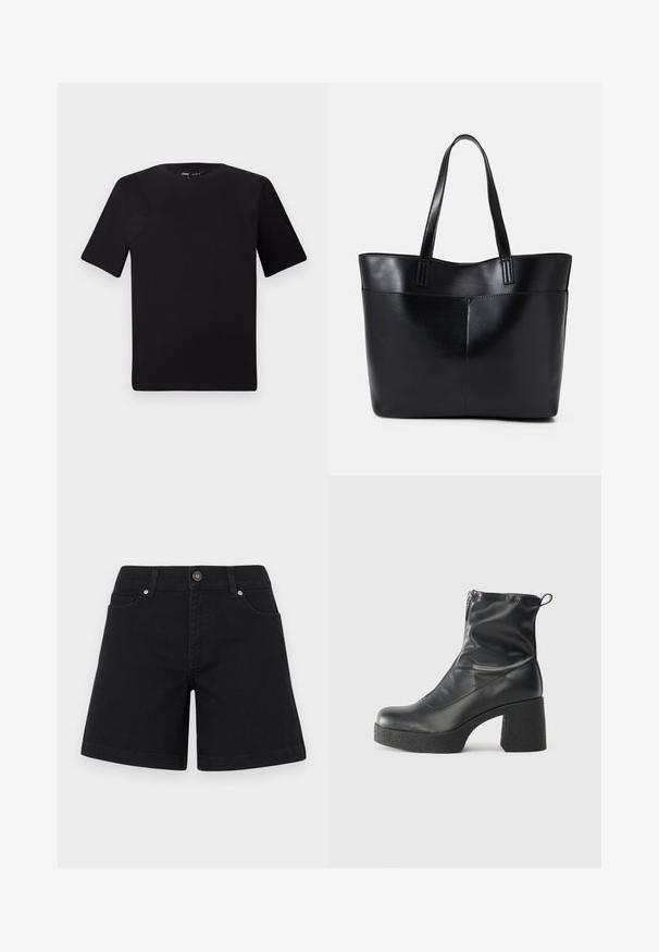 T-shirt preta de mangas curtas com decote redondo, feita de tecido de algodão suave. Design simples, sem logótipos ou padrões visíveis.; Calções de ganga pretos com um design de perna reta, bolsos frontais e fecho por botão na cintura. Textura suave e estilo minimalista.; Botas de tornozelo pretas feitas de couro liso, com fecho lateral, salto grosso texturizado e design de bico arredondado.; Bolsa tote preta em couro com duas alças longas, textura suave e forma estruturada. Apresenta um bolso frontal para armazenamento adicional.