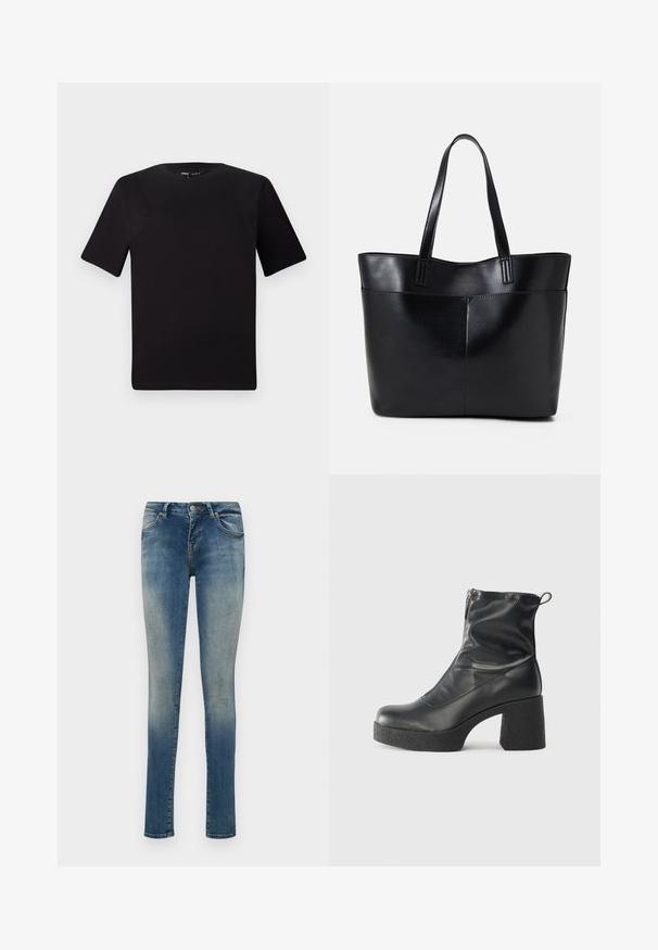 Fekete, rövid ujjú póló, kerek nyakkal, puha pamutból készült. Egyszerű dizájn, nincs látható logó vagy minta.; Karcsú kék farmernadrág, elhalványult mosással, standard öt zsebes kialakítással, gombos záródással és övbújtatókkal.; Fekete bokacsizmák sima bőrből, oldalsó cipzárral, vastag, texturált sarkú és lekerekített orrú dizájnnal.; Fekete bőr bevásárlótáska két hosszú fogantyúval, sima felülettel és strukturált formával. Elülső zseb található rajta a plusz tárolás érdekében.