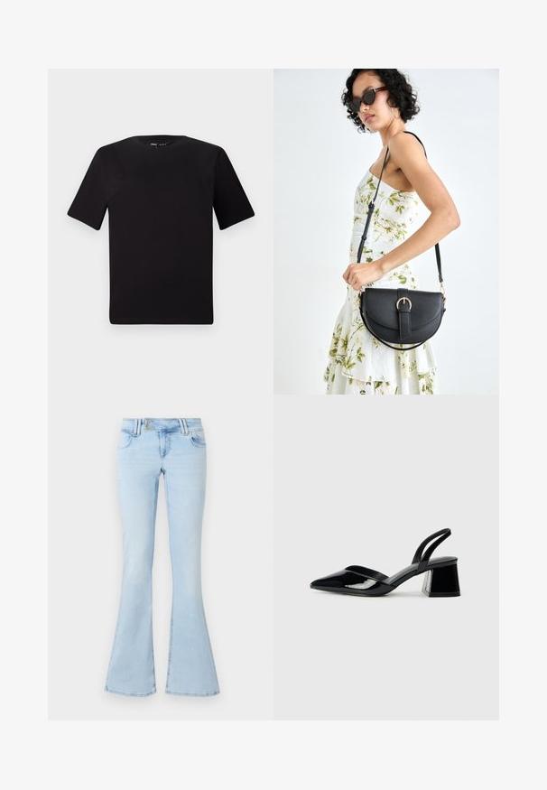Svart t-skjorte med korte ermer og rund hals, laget av mykt bomullsstoff. Enkelt design, ingen synlige logoer eller mønstre.; Lyseblå flare-jeans laget av denim. Har fem lommer, metalldeksel og stikninger langs sømmer og kant.; Svarte patentlær slingback hæler med spiss tå og geometrisk blokk hæl. Har et stilrent, minimalistisk design og jevn tekstur.; Svart lærveske med en buet form, avtagbar stropp og gullbeslag. Vesken har et klaff med spenne-detall.