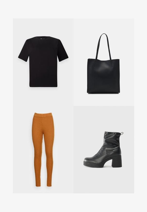 Czarna koszulka z krótkim rękawem o okrągłym dekolcie, wykonana z miękkiej bawełny. Prosty design, bez widocznych logo ani wzorów.; Ryfle leginsy w ciepłym pomarańczowym odcieniu, z wysokim pasem. Wykonane z miękkiego materiału o pionowej fakturze, zapewniające dopasowane dopasowanie.; Czarne botki za kostkę wykonane z gładkiej skóry, wyposażone w boczny zamek błyskawiczny, masywny teksturowany obcas oraz zaokrąglony czubek.; Czarna skórzana torba tote o gładkiej fakturze, prostokątnym kształcie i dwóch długich uchwytach. Brak widocznych elementów metalowych i ozdób.