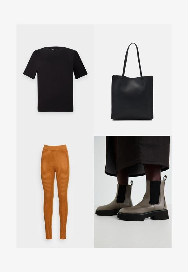 Black short-sleeve t-shirt with a round neckline, crafted from soft cotton fabric. Simple design, no visible logos or patterns.; Ribbed leggings in a warm orange hue, featuring a high waistband. Made from a soft fabric with vertical texture, offering a snug fit.; Gray ankle boots made of textured leather with elastic side panels and a chunky black sole. Features pull tabs for easy wear.; Black leather tote bag with smooth texture, rectangular shape, and two long handles. No visible hardware or embellishments.