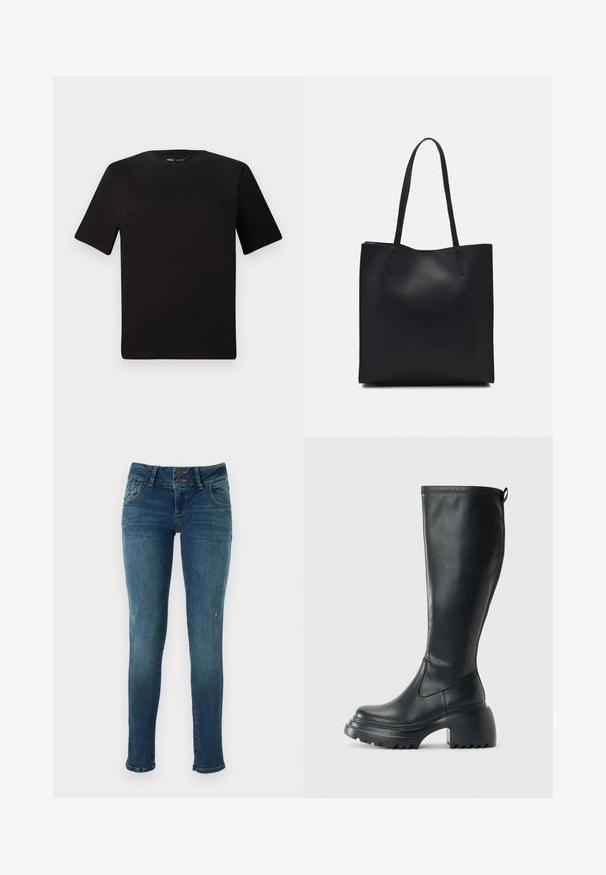 T-shirt preta de mangas curtas com decote redondo, feita de tecido de algodão suave. Design simples, sem logótipos ou padrões visíveis.; Jeans skinny de denim azul com um acabamento desbotado, fecho de dois botões, cinco bolsos e detalhes ligeiramente desgastados perto dos joelhos.; Bota preta de couro alta com sola de plataforma robusta e salto bloco, apresentando puxador e padrão texturizado na sola.; Bolsa tote preta em couro com textura lisa, forma retangular e duas alças longas. Sem hardware ou enfeites visíveis.