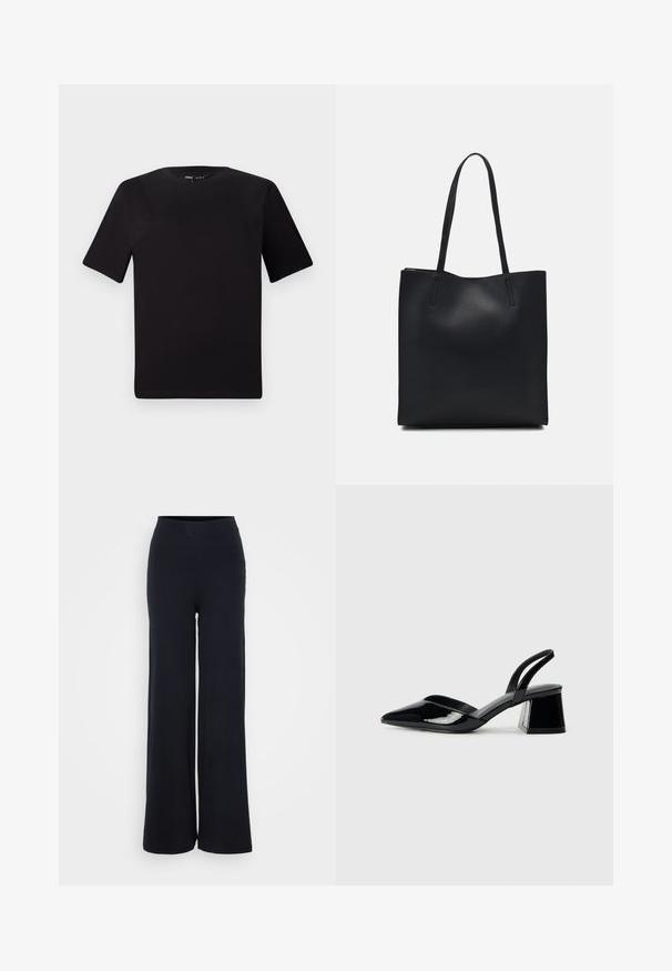Melnas īsām piedurknēm T-krekls ar apaļu kakla izgriezumu, izgatavots no mīksta kokvilnas auduma. Vienkāršs dizains, bez redzamām logo vai rakstiem.; Melni riboti plati bikses ar strukturētu apdari un elastīgu jostasviju, ar brīvu piegriezumu un bez redzamiem aksesuāriem.; Melna lakota āda ar atvērto papēdi, ar smailu purngalu un ģeometrisku blokpapēdi. Iezīmējas elegants, minimāls dizains un gluda tekstūra.; Melnas ādas somiņa ar gludu tekstūru, taisnstūra formu un divām garām rokturiem. Nav redzamu aparatūras vai rotājumu.