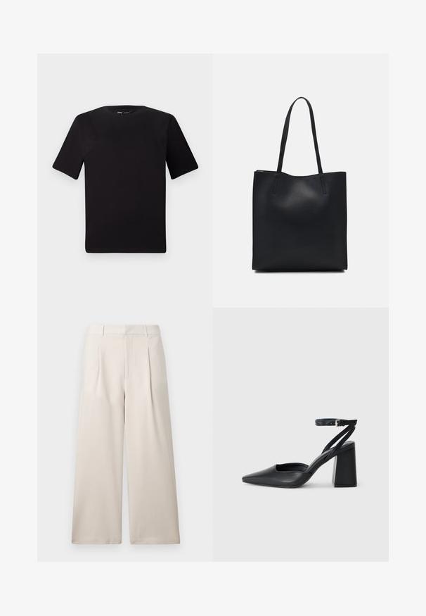 Musta lyhythihainen t-paita pyöreällä kaula-aukolla, valmistettu pehmeästä puuvillakankaasta. Yksinkertainen malli, ei näkyviä logoja tai kuvioita.; ONLY ONLLANDO PLEAT CULOTTE PANT - Housut - pumice stone; Mustat nahkakengät, joissa on kapea kärki, nilkkaremmi ja paksu korko. Tasainen pinta, tyylikäs muotoilu ja minimalistinen estetiikka.; Mustapahkainen kangaskassi, jossa on sileä pinta, suorakaiteen muotoinen ja kaksi pitkää kahvaa. Ei näkyvää metalliosaa tai koristeita.