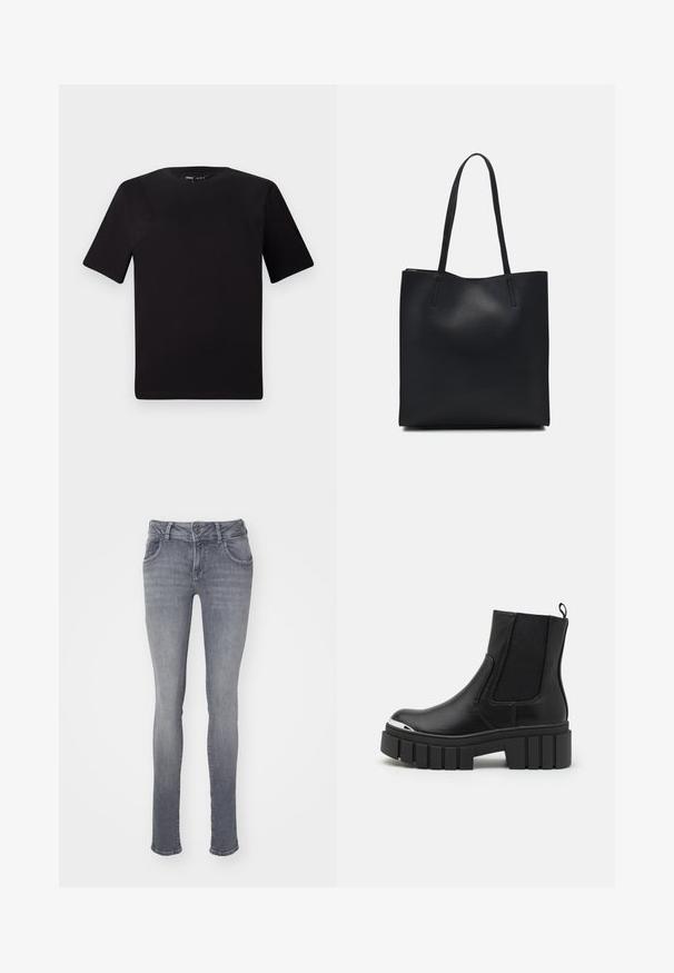 Črna majica s kratkimi rokavi in okroglim izrezom, izdelana iz mehkega bombažnega materiala. Preprost dizajn, brez vidnih logotipov ali vzorcev.; Sive jeans iz denima s ožjim krojem, pet žepnim dizajnom in gumbom za zapiranje. Imajo subtilno zbledelost in klasičen ravni kroj.; Črne gležnarje iz gladkega usnja z elastičnimi vložki, debelim platformnim podplatom in kovinskim kapicom.; Črna usnjena torba s svilnato teksturo, pravokotne oblike in dvema dolgima ročajema. Brez vidnih metalnih delov ali okrasnih elementov.